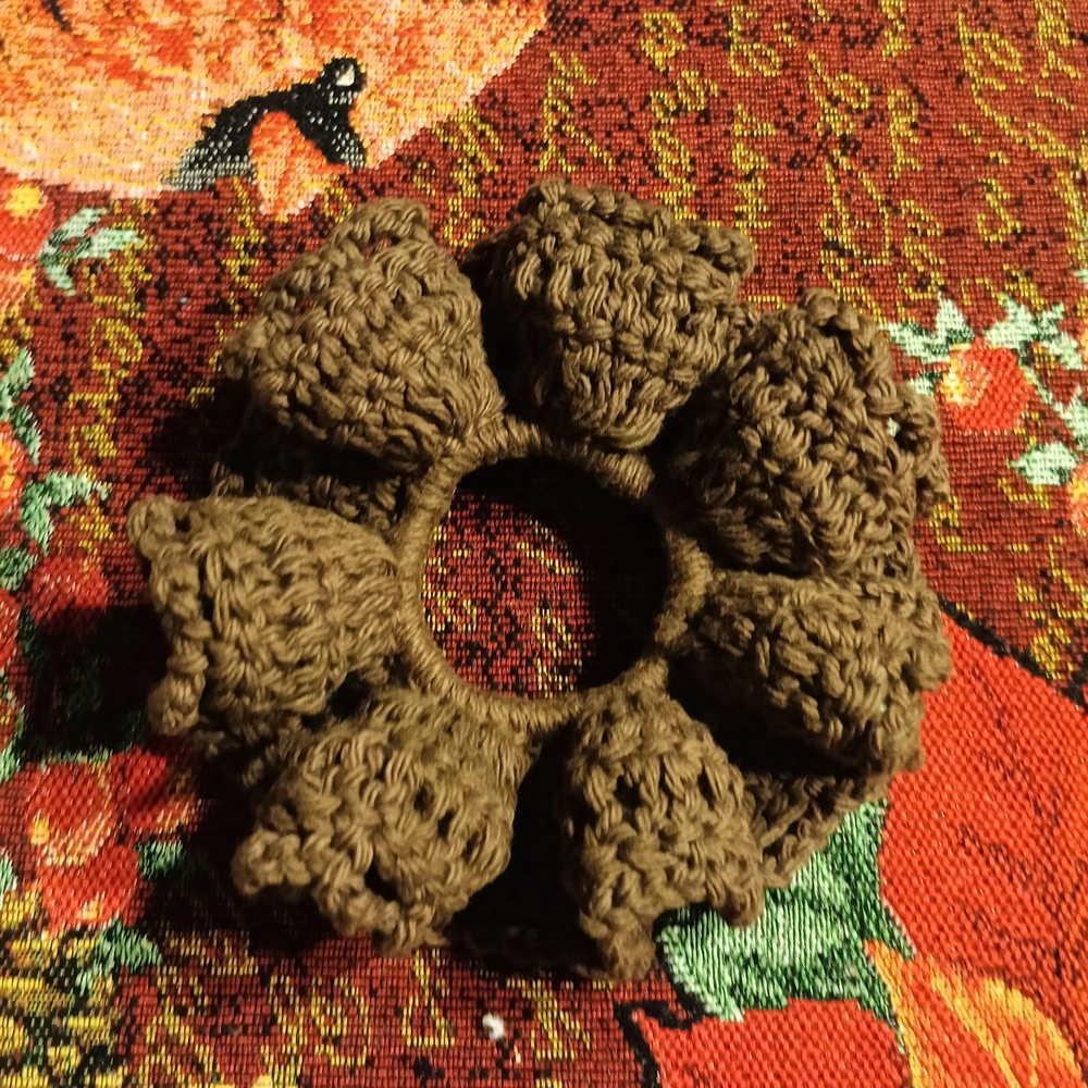 Elegant Brown Crochet Hair Scrunchie. 100% Cotton